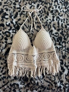 SHEIN Beige Crochet Fringe Halter Crop Top